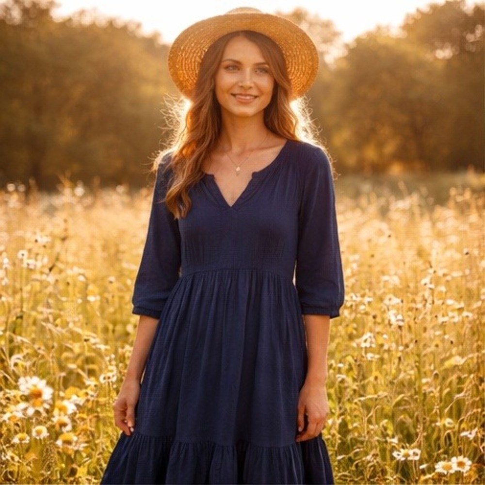 Lauren Ralph Lauren 8 Vintage Denim Prairie Dress Linen/Cotton Midi Blue